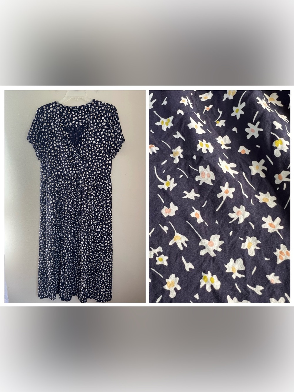 Madewell Midi Dress Women’s L Navy Ditzy Floral Viscose Pockets Short Sleeve